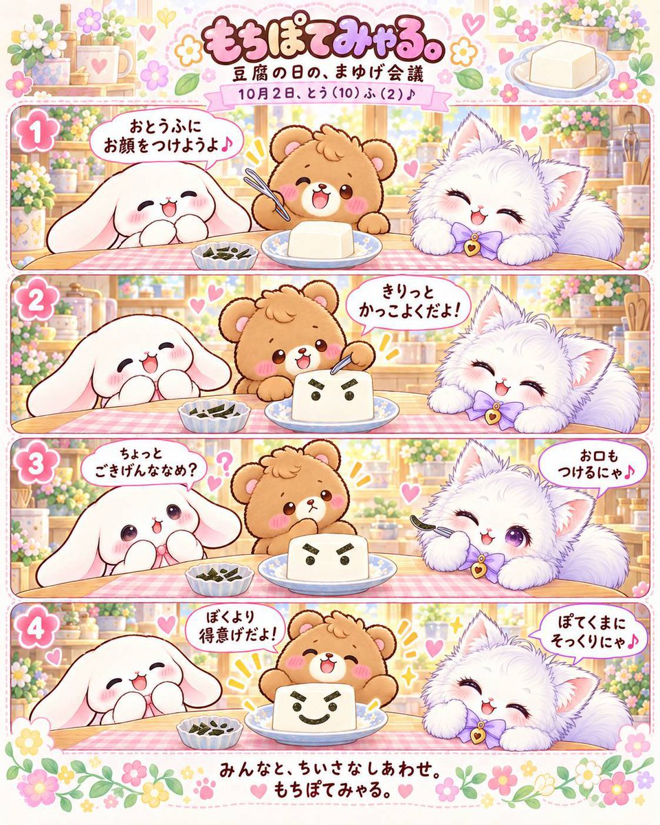 mochipotemyaru's tweet photo. もちぽてみゃる
豆腐の日の、まゆげ会議
お昼の台所に、まっ白なおとうふ。
「どんなお顔にしようかな？」
小さな会議が始まります…♡
#豆腐の日 #豆腐 #もちぽてみゃる #4コマ #癒し https://t.co/puvOCykfrQ