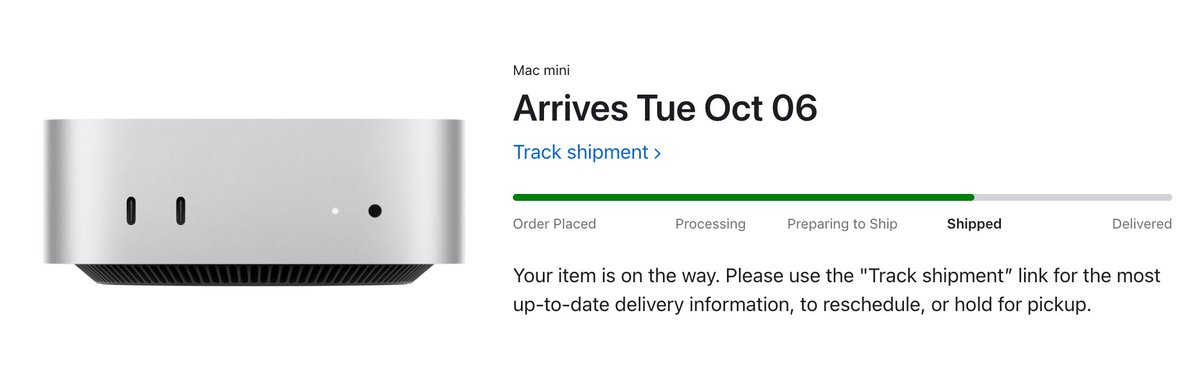 tonysimons_'s tweet photo. IT’S HAPPENING. 😂

I’ve been stalking this Mac mini like it owes me money.

Hong Kong, China ✅
Anchorage, Alaska ✅

Next stop: Iowa. 🌽

Apple says Tuesday, Oct 6.

My desk is about to get dangerous. 🔥 https://t.co/IKCZ51kvP5
