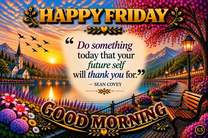 Decorative morning greeting card with 'HAPPY FRIDAY' and 'GOOD MORNING' banners featuring a Sean Covey quote: 'Do something today that your future self will thank you for.'