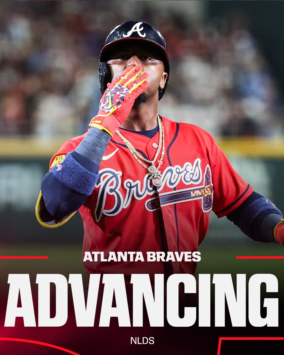 espn's tweet photo. ATLANTA'S ADVANCING 🔥

The Braves get their first EVER postseason series win over the Phillies to advance to the NLDS‼️ https://t.co/qw2OlgOJm9