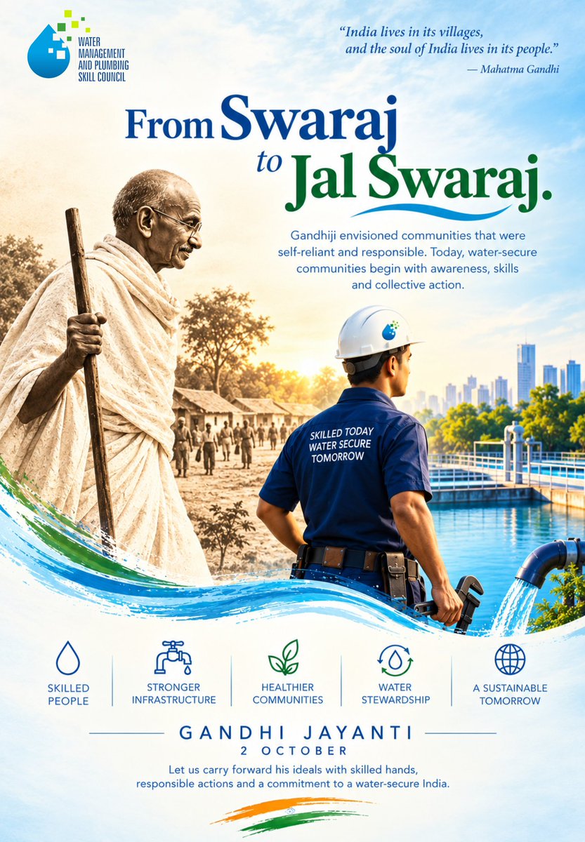 WMPSkillCouncil's tweet photo. From Swaraj to Jal Swaraj.

Gandhiji’s vision of self-reliant communities remains relevant today. A water-secure India needs awareness, skills and collective action.
This Gandhi Jayanti, let’s empower skilled hands, conserve every drop and build a sustainable future. https://t.co/RkAPIiVYbG