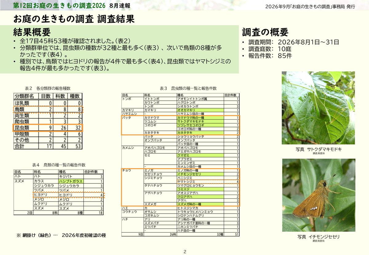 npo_ceed's tweet photo. 2026年8月のお庭の生きもの調査では、全17目45科53種の生きものが見つかりました！  公式HP ニュースリリース： https://t.co/RvHLLkgeUT

#お庭の生きもの調査2026 #お庭の生きもの調査 #調査 #速報 #イベント  #生物多様性 #ネイチャーポジティブ #NaturePositive #生態教育センター #ceed https://t.co/wquLGCN5El