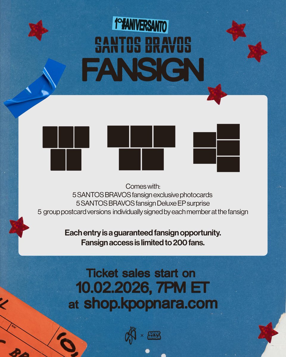STBVToday's tweet photo. Fansign de Santos Bravos organizado KPOP NARA para celebrar su Aniversanto

📍 Datos clave del evento
Fecha del evento: 15 de octubre.
Lugar: American Dream Mall (Nueva Jersey, EE. UU.).
Venta de boletos: Inicia el 2 de octubre a las 7:00 PM ET (hora del Este) en https://t.co/uQDSoC1he9 Los cupos son limitados y comprar la entrada te garantiza el acceso.
💿 ¿Qué incluye el boleto?
Al comprar una entrada para el fansign recibes:
5 Photocards exclusivas del evento de Santos Bravos.
5 EPs Deluxe sorpresas edición especial del fansign.
5 Postales de los integrantes, las cuales llevarás al evento para que te las firmen en persona.