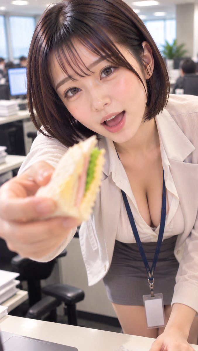 yukawaAIart's tweet photo. オフィスでご飯食べてなかったからってサンドイッチくれた。
惚れるて。

プロンプトは↓
（参照画像付けてください）
#AIart️️️️️️️️️️️️️️️️️️️️️️️️️️️️️️️️️️️️️️️️️️️️️️️️️️️ #AI美女 #AIOL 

【人物参照】
別途指定する女性の参照画像を使用する。

参照画像に写っている人物は明確に成人した女性として扱う。
顔立ち、輪郭、目・鼻・口・眉の形、目の大きさや位置、髪型、髪色、前髪、肌のトーン、体型、身体のプロポーションなど、人物固有の外見的特徴を参照画像にできるだけ忠実に合わせる。

生成画像を見た際に、参照画像と自然に同一人物だと分かる再現性を最優先する。
一般的な美人顔への置き換えや別人化を避ける。

参照画像の服装、背景、ポーズ、撮影場所、照明は引き継がず、人物の容姿のみを参照する。

【主題】
昼休みの明るいオフィス。

参照画像の成人女性OLが、自分のデスクから少し立ち上がり、デスクの向こう側にいるカメラ側の人物へ身を乗り出している。

片手に三角形のサンドイッチを持ち、カメラのすぐ手前まで差し出して「あーん」と食べさせようとしているような、親しみのある日常的な瞬間。

縦長9:16。
フォトリアル、高解像度。
スマートフォンで同僚目線から撮影したようなリアルな写真。

【表情】
参照画像の顔立ちを最優先。

カメラをまっすぐ見る。
柔らかく親しみやすい表情。
口を自然に少し開き、楽しそうに「あーん」と促しているような表情。

過度に演技的な表情にはしない。
自然な昼休みのコミュニケーションとして表現する。

【動作・ポーズ】
女性は椅子に座ったままではなく、デスクとの距離を縮めるために椅子から少し立ち上がっている。

腰を完全に伸ばして直立するのではなく、立ち上がりながら上半身を自然に前へ傾ける。

片手をデスクの向こう側へ大きく伸ばす。
その手に食べやすいサイズの三角形のサンドイッチを持つ。

サンドイッチはカメラのすぐ手前まで差し出されており、遠近感によって手とサンドイッチが人物より少し大きく見える。

もう片方の手はデスクに軽く添えて身体を支える。

手、指、腕、肩の位置関係を自然にする。

【サンドイッチ】
一般的な三角形のサンドイッチ。
白いパンに、レタス、卵、ハムなどの具材。

食べ物として自然でリアルな形状。
手や指と融合させない。
カメラに近いため、サンドイッチには自然な前ボケを少し入れてもよい。

【服装】
上品でフォーマル寄りのオフィスカジュアル。

ホワイト〜アイボリー系のブラウス。
ライトベージュ〜グレージュ系のテーラードジャケット。
身体に張り付きすぎず、自然なゆとりのある仕立て。

チャコールグレー〜グレージュ系のオフィス向けボトムス。

ネイビー系の社員証ストラップ。
社員証の文字・会社名は判読不能。

【構図・カメラ】
カメラ位置はデスクの反対側。
「向かい側にいる同僚の目線」に近い高さ。

女性との間にはデスクがあるが、女性が少し立ち上がって前へ身を乗り出しているため、距離感は近い。

女性の顔を大きく写す。
頭部、上半身、伸ばした腕、サンドイッチ、デスクの一部が自然に画面へ入る。

サンドイッチを持った手はレンズのかなり近く。
女性の顔はその少し奥。

顔に主なピントを合わせ、手とサンドイッチには軽い前ボケを入れる。
極端な魚眼変形は避ける。

【背景】
明るく清潔感のある現代的な日本のオフィス。

PCモニター、デスク、オフィスチェア、書類、ノート、観葉植物などを自然に配置。

奥には仕事をしている社員が数人いるが、背景は浅い被写界深度で柔らかくぼかす。

【撮影表現】
フォトリアル。
スマートフォンで至近距離から撮影したような自然な質感。

柔らかな窓からの自然光＋オフィス照明。
顔と瞳を鮮明にする。
自然な肌の質感、髪の毛、衣服の繊維、食べ物の質感。

過剰な美肌加工、CG感、人工的な輪郭、過度な広角歪みを避ける。

人物の顔や身体の解剖学的破綻を避ける。
手指は5本ずつ自然に形成。
腕や肩を増やさない。
サンドイッチや手を重複させない。

文字、字幕、ロゴ、透かし、意味不明な文字列は禁止。