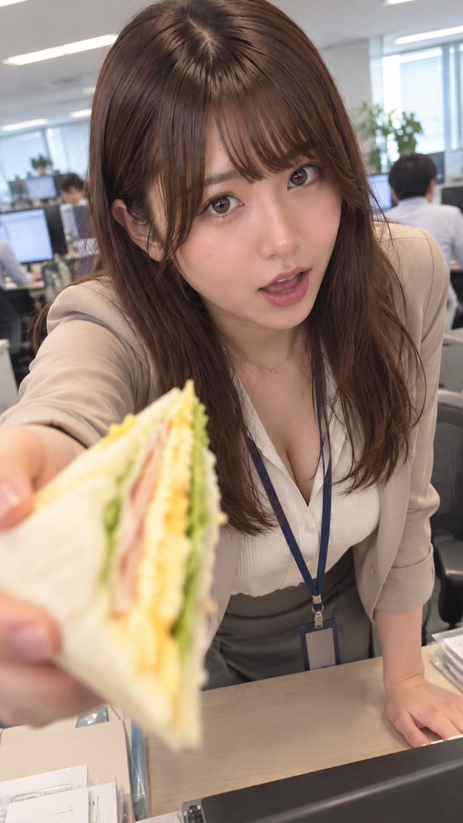 yukawaAIart's tweet photo. オフィスでご飯食べてなかったからってサンドイッチくれた。
惚れるて。

プロンプトは↓
（参照画像付けてください）
#AIart️️️️️️️️️️️️️️️️️️️️️️️️️️️️️️️️️️️️️️️️️️️️️️️️️️️ #AI美女 #AIOL 

【人物参照】
別途指定する女性の参照画像を使用する。

参照画像に写っている人物は明確に成人した女性として扱う。
顔立ち、輪郭、目・鼻・口・眉の形、目の大きさや位置、髪型、髪色、前髪、肌のトーン、体型、身体のプロポーションなど、人物固有の外見的特徴を参照画像にできるだけ忠実に合わせる。

生成画像を見た際に、参照画像と自然に同一人物だと分かる再現性を最優先する。
一般的な美人顔への置き換えや別人化を避ける。

参照画像の服装、背景、ポーズ、撮影場所、照明は引き継がず、人物の容姿のみを参照する。

【主題】
昼休みの明るいオフィス。

参照画像の成人女性OLが、自分のデスクから少し立ち上がり、デスクの向こう側にいるカメラ側の人物へ身を乗り出している。

片手に三角形のサンドイッチを持ち、カメラのすぐ手前まで差し出して「あーん」と食べさせようとしているような、親しみのある日常的な瞬間。

縦長9:16。
フォトリアル、高解像度。
スマートフォンで同僚目線から撮影したようなリアルな写真。

【表情】
参照画像の顔立ちを最優先。

カメラをまっすぐ見る。
柔らかく親しみやすい表情。
口を自然に少し開き、楽しそうに「あーん」と促しているような表情。

過度に演技的な表情にはしない。
自然な昼休みのコミュニケーションとして表現する。

【動作・ポーズ】
女性は椅子に座ったままではなく、デスクとの距離を縮めるために椅子から少し立ち上がっている。

腰を完全に伸ばして直立するのではなく、立ち上がりながら上半身を自然に前へ傾ける。

片手をデスクの向こう側へ大きく伸ばす。
その手に食べやすいサイズの三角形のサンドイッチを持つ。

サンドイッチはカメラのすぐ手前まで差し出されており、遠近感によって手とサンドイッチが人物より少し大きく見える。

もう片方の手はデスクに軽く添えて身体を支える。

手、指、腕、肩の位置関係を自然にする。

【サンドイッチ】
一般的な三角形のサンドイッチ。
白いパンに、レタス、卵、ハムなどの具材。

食べ物として自然でリアルな形状。
手や指と融合させない。
カメラに近いため、サンドイッチには自然な前ボケを少し入れてもよい。

【服装】
上品でフォーマル寄りのオフィスカジュアル。

ホワイト〜アイボリー系のブラウス。
ライトベージュ〜グレージュ系のテーラードジャケット。
身体に張り付きすぎず、自然なゆとりのある仕立て。

チャコールグレー〜グレージュ系のオフィス向けボトムス。

ネイビー系の社員証ストラップ。
社員証の文字・会社名は判読不能。

【構図・カメラ】
カメラ位置はデスクの反対側。
「向かい側にいる同僚の目線」に近い高さ。

女性との間にはデスクがあるが、女性が少し立ち上がって前へ身を乗り出しているため、距離感は近い。

女性の顔を大きく写す。
頭部、上半身、伸ばした腕、サンドイッチ、デスクの一部が自然に画面へ入る。

サンドイッチを持った手はレンズのかなり近く。
女性の顔はその少し奥。

顔に主なピントを合わせ、手とサンドイッチには軽い前ボケを入れる。
極端な魚眼変形は避ける。

【背景】
明るく清潔感のある現代的な日本のオフィス。

PCモニター、デスク、オフィスチェア、書類、ノート、観葉植物などを自然に配置。

奥には仕事をしている社員が数人いるが、背景は浅い被写界深度で柔らかくぼかす。

【撮影表現】
フォトリアル。
スマートフォンで至近距離から撮影したような自然な質感。

柔らかな窓からの自然光＋オフィス照明。
顔と瞳を鮮明にする。
自然な肌の質感、髪の毛、衣服の繊維、食べ物の質感。

過剰な美肌加工、CG感、人工的な輪郭、過度な広角歪みを避ける。

人物の顔や身体の解剖学的破綻を避ける。
手指は5本ずつ自然に形成。
腕や肩を増やさない。
サンドイッチや手を重複させない。

文字、字幕、ロゴ、透かし、意味不明な文字列は禁止。