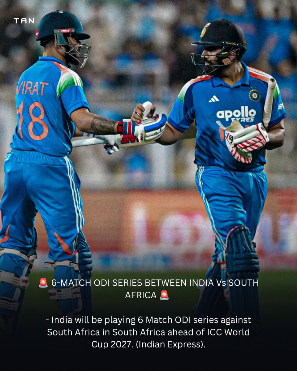 TraviaNetsports's tweet photo. INDIA TO PLAY 6-MATCH ODI SERIES AGAINST SOUTH AFRICA! 

India are set to play a six-match ODI series in South Africa ahead of the 2027 ODI World Cup, as part of their preparation for the tournament. 
#INDvsSA #TeamIndia #ODI #CricketWorldCup2027 #Cricket #TraviaNetworkSports https://t.co/91Ikln1Bcb