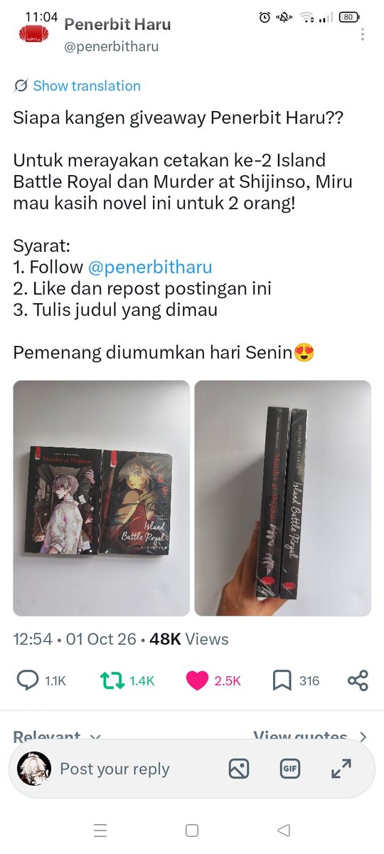 haruru19_'s tweet photo. @penerbitharu Mauu Island Battle Royale, udah koleksi buku Akiyoshi Rikako-sensei dari Girls In The Dark sama The Dead Returns, 2 2nya jadi all time fav ku https://t.co/aEbXXY0jn4
