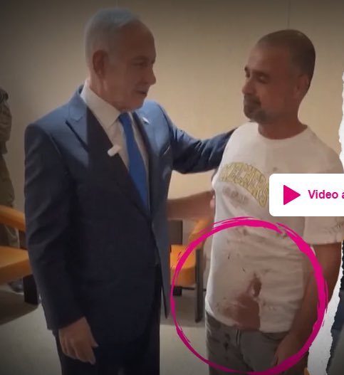 goddek's tweet photo. And of course, hours after the flydubai incident, the “hero” gets to meet Netanyahu, who just happened to have time. No time to change, apparently. His shirt is still covered in remarkably bright red “blood” instead of darkening to reddish-brown as it oxidized.

Come on. 😂 https://t.co/ToSNN0MB9G