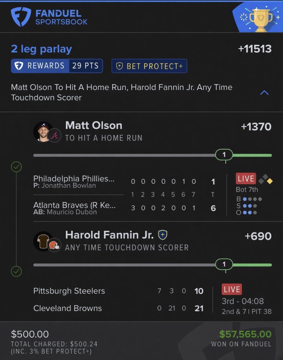 triciatips_'s tweet photo. The implied probability of this hitting was less than 1%. I hit it anyway. $500 to $57,565. Matt Olson and Harold Fannin Jr., I owe you everything. 🧠💰
#LifeChangingMoney #BettingPicks #BadBeats #GoodBeats #Winning #ClevelandBrowns #MattOlson #HaroldFanninJr #SGP @Playbook https://t.co/UYCzQvXWe8