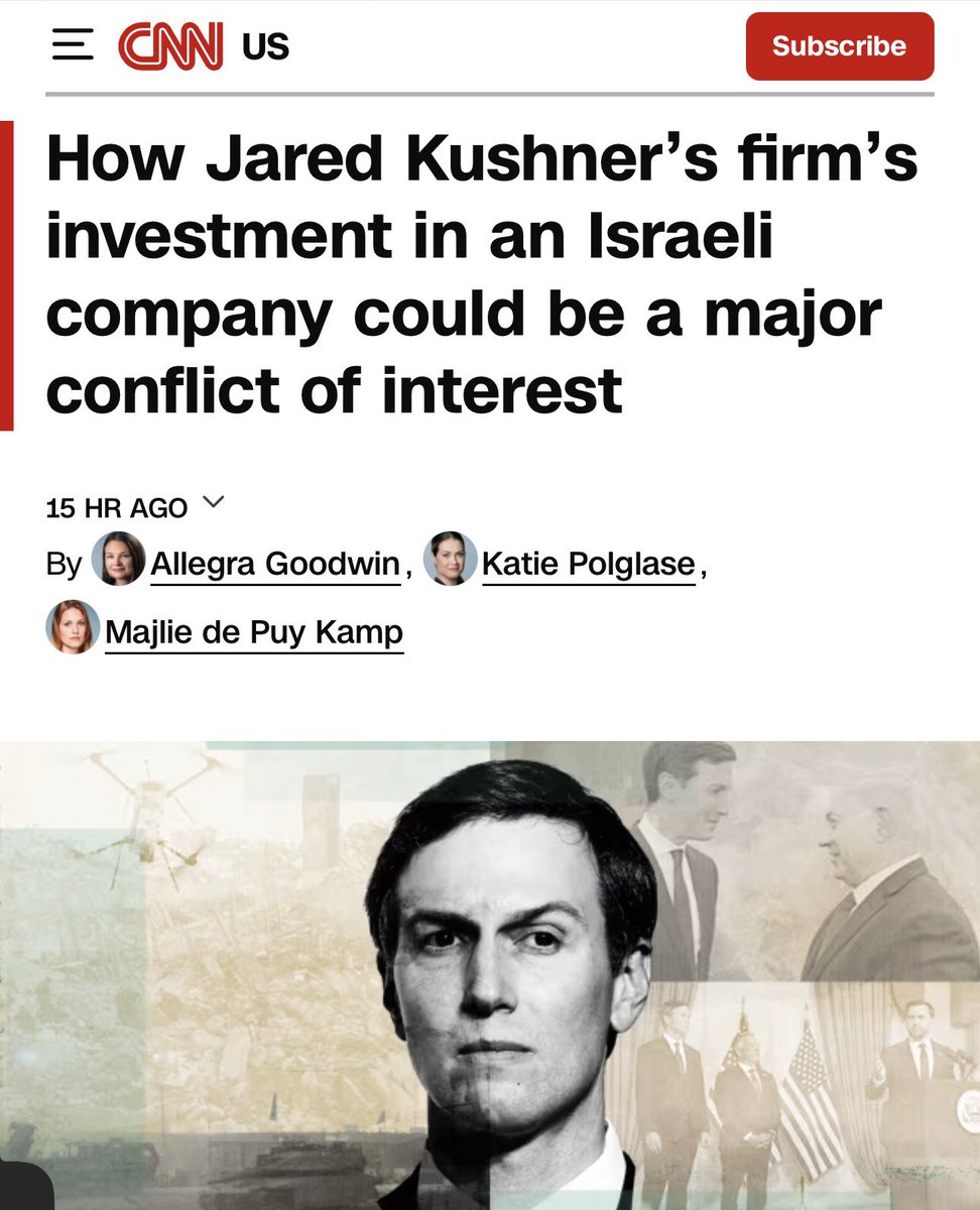 TheTNHoller's tweet photo. “Could be a major conflict of interest” Lol ya think, @CNN? 

The Trump family is the most brazenly corrupt family ever. American kleptocracy. 

“While Kushner acted as a key Middle East peace negotiator, his private equity firm held the largest stake in an Israeli company backing businesses tied to Israel's military campaign in Gaza, including its largest arms manufacturer.” 

https://t.co/TnybueVvH2