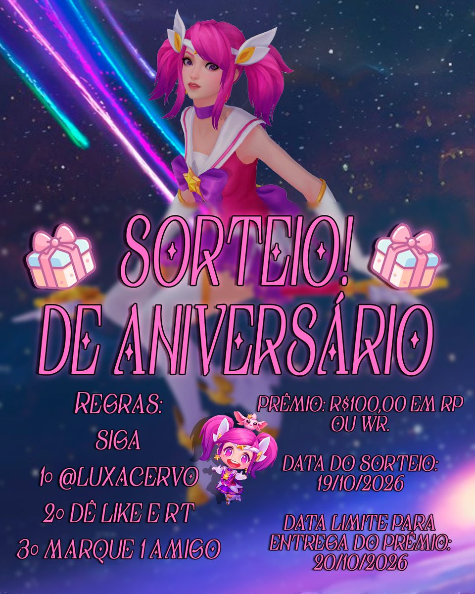 LuxAcervo's tweet photo. ⭐️ | Sorteio de Aniversário!
Vocês pediram, e a Primeira Estrela atendeu!
O nosso sorteio anual em comemoração ao aniversário da Lux está no ar!

🎁 Prêmio: R$ 100,00 em RP ou R$ 135,00 em Wild Cores.

✍️ Regras:

1️⃣ Siga @LuxAcervo.
2️⃣ Dê like e RT neste post.
3️⃣ Marque 1 amigo nos comentários.

🗓️ Resultado: 19/10, às 18h!
🗓️ Entrega do prêmio: 20/10.

🚨 Importante:

🇧🇷 O sorteio é válido somente para participantes brasileiros, devido à logística de entrega do prêmio.
Como o Acervo Lux é uma página brasileira e o sorteio é feito de fã para fãs, realizar a entrega para outros países acaba gerando custos muito altos para a administração, sem qualquer retorno financeiro.

Sigam todas as regras direitinho. Caso contrário, o site poderá não conseguir realizar o sorteio corretamente.

No dia do sorteio, deixe sua conta pública. Caso contrário, o site não conseguirá sortear você.

É isso! Boa sorte a todos! Que a Primeira Estrela lhes conceda muita sorte! ✨