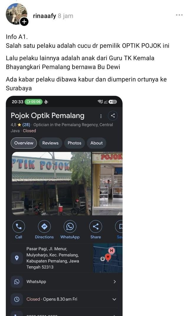 penganutsekte's tweet photo. Bagaimana hukum akan berjalan?
Apakah masih layak disebut kenakalan anak?
Pembuluh darahnya pecah, tulang belakangnya patah, sampai akhirnya meninggal dunia 💔🥀

Sebagai tambahan, salah satu pelaku ternyata cucu pemilik Optik Pojok.

Pelaku ada 3 orang, 2 diantaranya sudah diamankan.
Yang satu kabur ke surabaya, disembunyikan ortunya.

Hati-hati warga surabaya, karena identitas pelaku ditutupi jadi lumayan sulit untuk kita melacak.