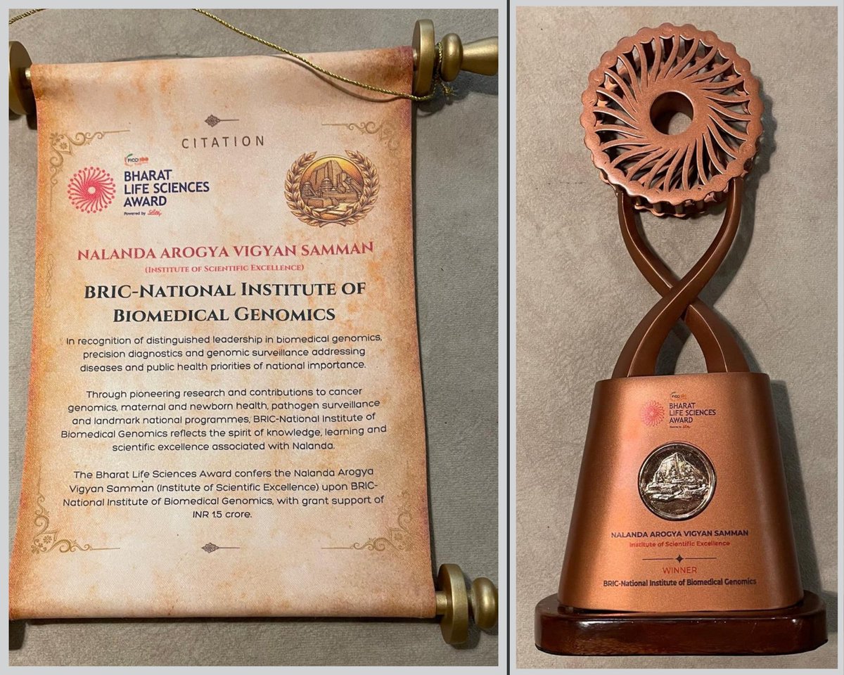 FollowDbtNibmg's tweet photo. BRIC-NIBMG has received the Nalanda Arogya Vigyan Samman at the Bharat Life Science Awards recognizing excellence in scientific research, capability building and contributions to India’s life sciences ecosystem.
This recognition belongs to everyone who has shaped our journey—present & past Directors, past & present faculty, research support staff, students and researchers.
Our sincere thanks to FICCI & Eli Lilly for the recognition.
@DBTIndia @BricDbt @DrJitendraSingh @rajesh_gokhale @DrSagarSengupta @ficci_india @EliLillyandCo 
#BRIC #NIBMG #BharatLifeScienceAwards
