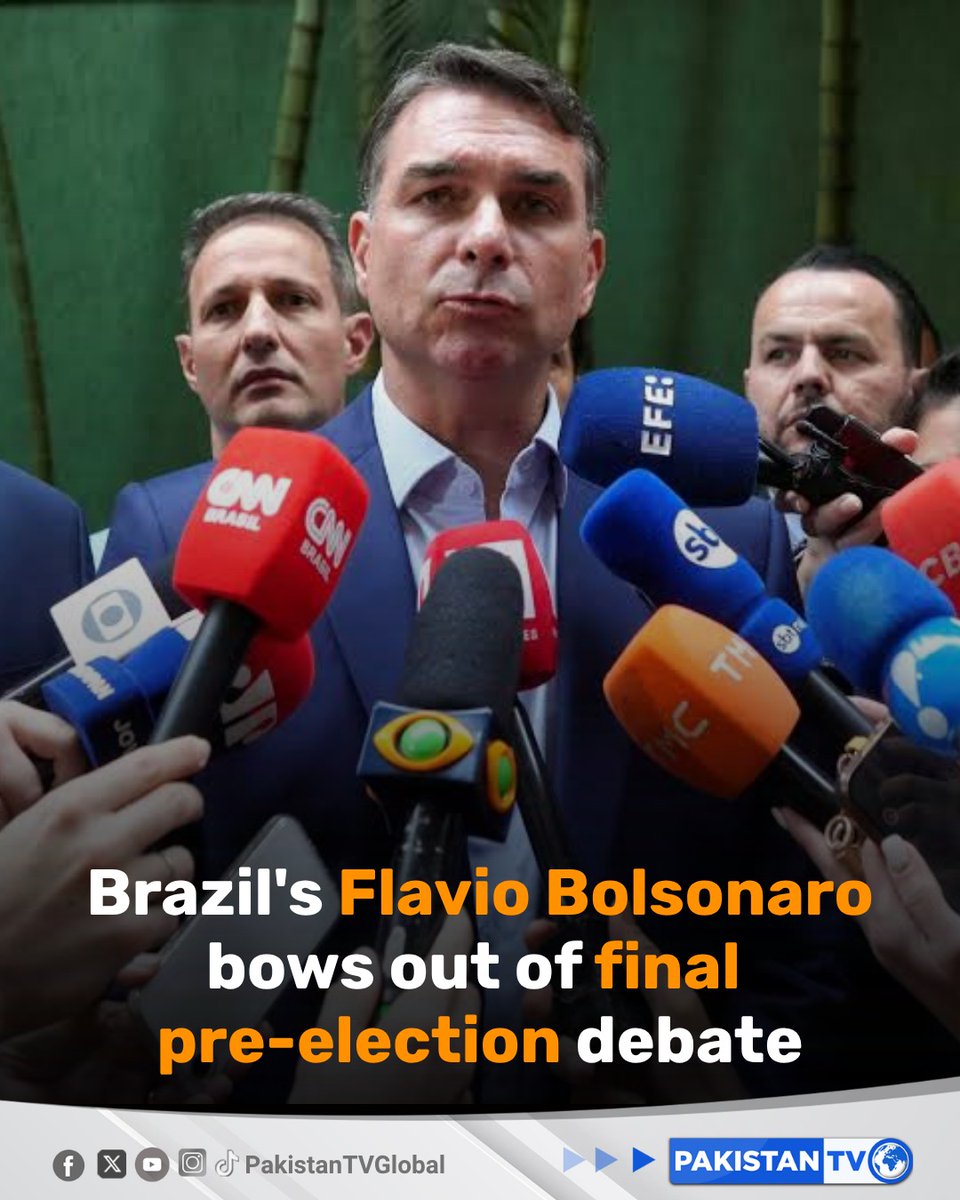 PakTVGlobal's tweet photo. Brazilian presidential candidate Flavio Bolsonaro on Thursday dropped out of the final televised debate ahead of a tense first round of voting, accusing the electoral court of "censorship."

#BrazilElections #FlavioBolsonaro #BrazilPolitics #ElectionDebate #PakistanTV https://t.co/cMQppdRsOy
