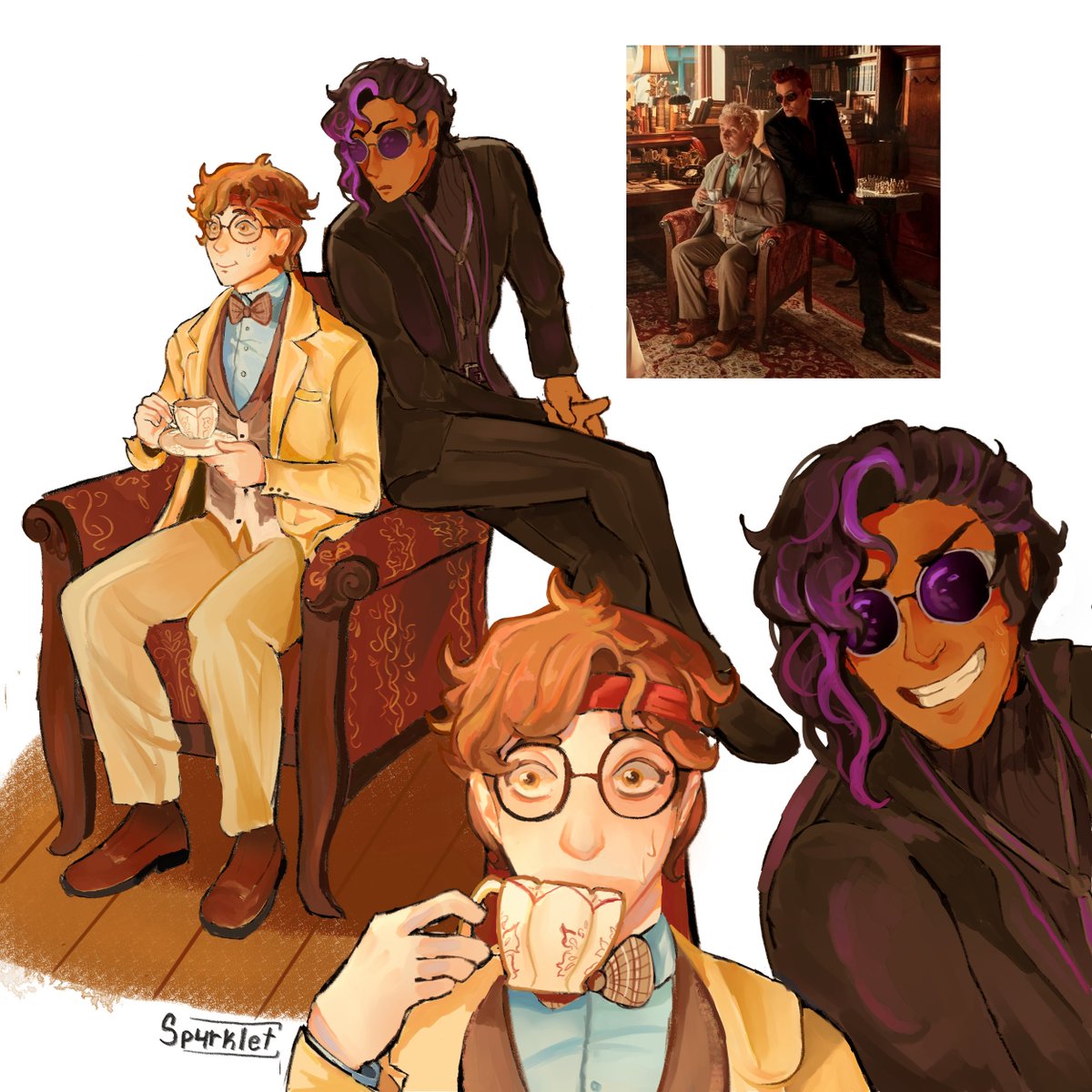 sp4rklet14_'s tweet photo. VOLVIIIIII (siempre desapareciendo por un montón de tiempo jhkhkh) ahora con mi au #purpleglasses god omens. https://t.co/ZtMT5TH8oz