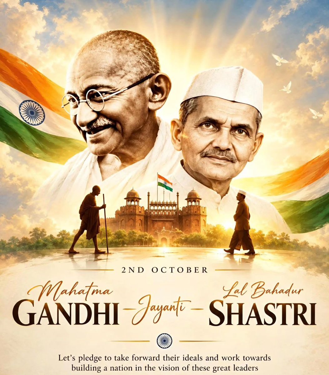 vikramsahney's tweet photo. TWO ICONS. ONE TIMELESS LEGACY. 🇮🇳🙏

Remembering Mahatma Gandhi and Lal Bahadur Shastri Ji on their birth anniversaries — two great leaders who showed India the power of truth, simplicity, courage and selfless service.

Gandhiji inspired generations with the path of truth and non-violence, while Shastri Ji gave the nation the powerful message of “Jai Jawan, Jai Kisan.”

Their ideals continue to inspire us to build a stronger, united and compassionate India. 🇮🇳

Remembering their lives. Honouring their values. Carrying their legacy forward. 🙏

#GandhiJayanti #LalBahadurShastriJayanti #JaiJawanJaiKisan #JaiHind #India