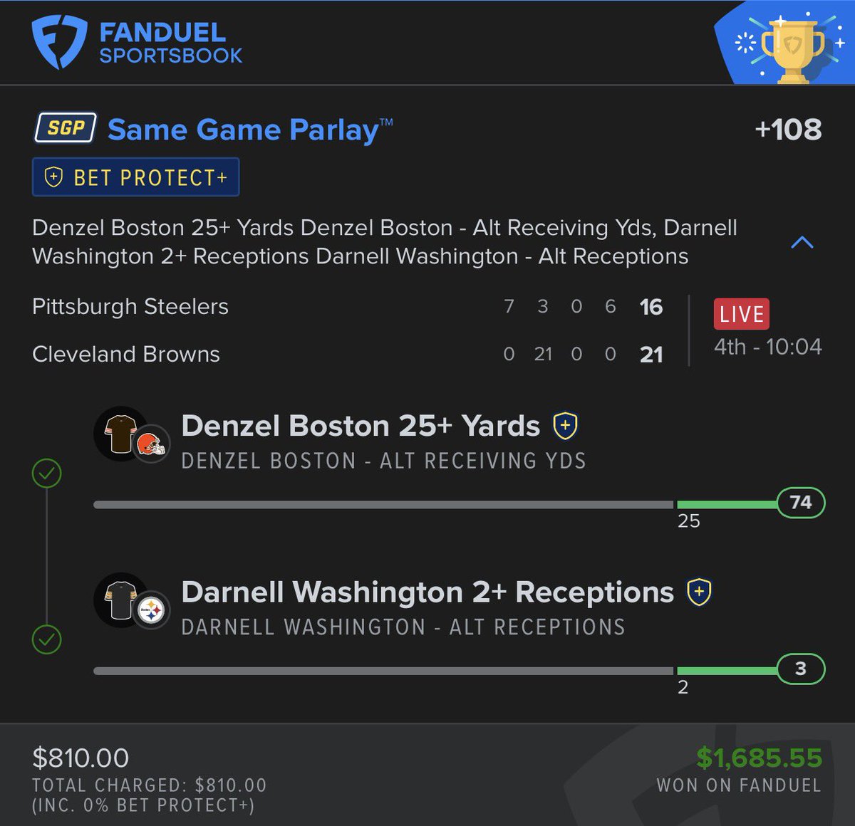 CashMeOutt716's tweet photo. GREEN IS GREEN 💚💰

✅ Denzel Boston 25+ receiving yards → 74
✅ Darnell Washington 2+ receptions 

Two legs. +108. $810 ➡️ $1,685.55 paid 🏆

Pick your spots. Less legs, the better. Nothing is guaranteed.

#PayDayEF #NFL #SportsBetting #Gambling𝕏 https://t.co/HOG9xIjmQ7