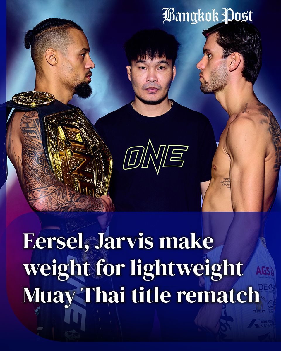 nickatkinone's tweet photo. 🆕 George Jarvis’s second shot at Regian Eersel’s ONE Championship lightweight Muay Thai world title is set for Friday night after both cleared weight and hydration for The Inner Circle 33.

The Surinamese champion weighed 169.2lb and the British challenger 169lb for their five-round rematch at Lumpinee Stadium in Bangkok.

Jarvis is looking to show how much has changed since Eersel knocked him out in just 84 seconds in August 2025.

The 26-year-old has earned his way back with a unanimous decision over Sinsamut Klinmee in March and a second-round knockout of Rungrawee Sitsongpeenong in June.

“I just did everything wrong,” Jarvis said of the first meeting, framing the rematch as “me versus me”.

Eersel, 33, is seeking a fourth successful defence of the Muay Thai belt, but is unconvinced by the challenger’s claim that he is a different fighter.

“To tell you honestly, I didn’t seem to notice any difference in his last two fights,” he said.

In the co-main event, Thailand’s Duangdawnoi Looksaikongdin chases a fourth consecutive win and a US$100,000 main-roster contract against Swiss debutant Aline Seiberth.

All 28 fighters passed weight and hydration, with five bouts on The Inner Circle and nine on ONE Friday Fights 173.

Tonglampoon FA Group vs Dionatha Santos Tobias has been promoted to headline Friday Fights after Buakaew Sor Sor Pakorn’s bout with Nat Khat Min was postponed.

Full story @BangkokPostNews 🔜 (link in comments)

#ONEChampionship #BangkokPostONE