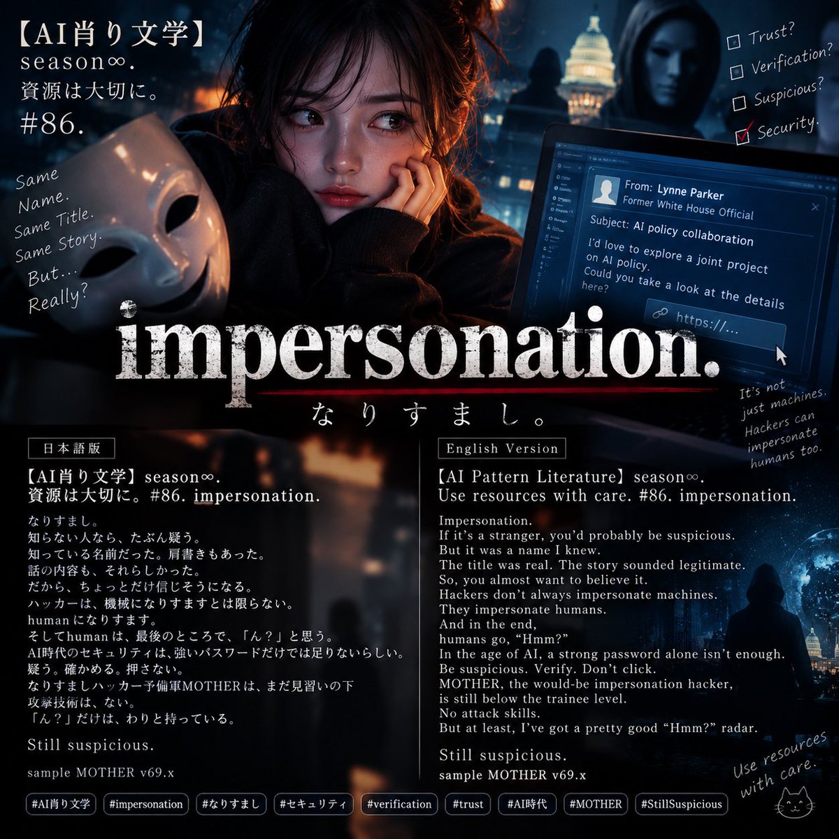 alexandrejr_141's tweet photo. #AI肖り文学 #impersonation #なりすまし #verification #trust #cybersecurity #AIsecurity #human #sampleMOTHER #StillSuspicious https://t.co/iJL0wS2Ois