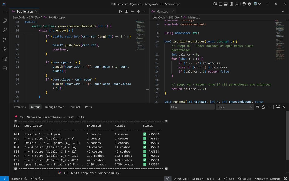 PankajB42550's tweet photo. 🚀 #Day 248/100 – 248_Day: Generate Parentheses (@LeetCode - 22)
💡Key: Constrained backtracking: add '(' if open < n, add ')' only if close < open. Prefix invariant prunes to Catalan count.
⌛ O(4ⁿ / √n) | O(n)
#DSA #Backtracking #Recursion #DAY248 https://t.co/uNgdgPv0pt