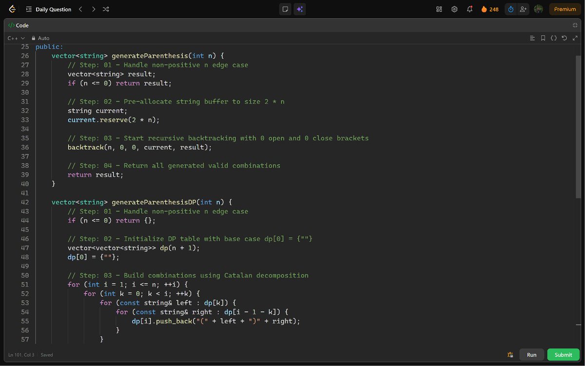PankajB42550's tweet photo. 🚀 #Day 248/100 – 248_Day: Generate Parentheses (@LeetCode - 22)
💡Key: Constrained backtracking: add '(' if open < n, add ')' only if close < open. Prefix invariant prunes to Catalan count.
⌛ O(4ⁿ / √n) | O(n)
#DSA #Backtracking #Recursion #DAY248 https://t.co/uNgdgPv0pt