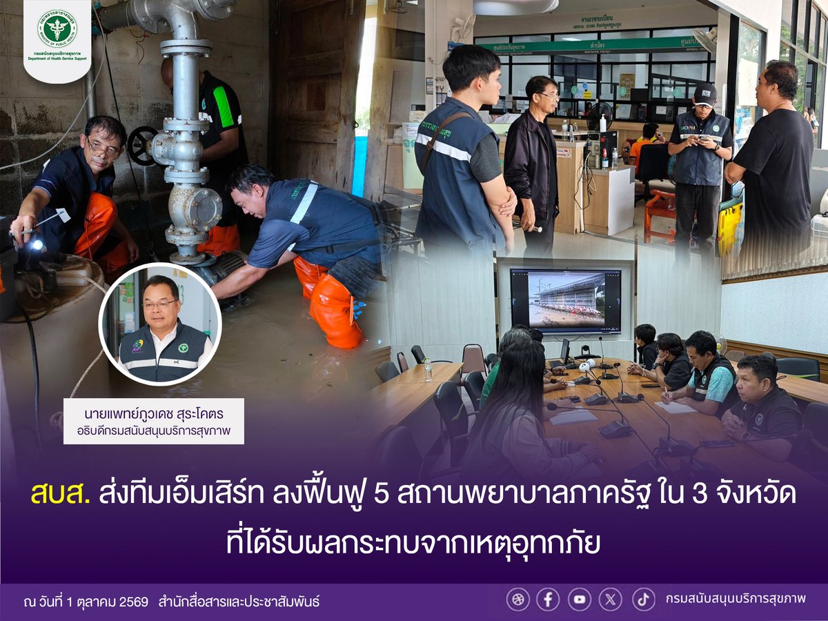 prHSS's tweet photo. กรม สบส. ส่งทีม MSERT สำรวจและฟื้นฟูระบบวิศวกรรมการแพทย์ในโรงพยาบาลรัฐ 5 แห่ง (นครนายก ปราจีนบุรี ระยอง) ที่ได้รับผลกระทบจากอุทกภัย เร่งซ่อมแซมระบบไฟฟ้า ประปา บำบัดน้ำเสีย ให้ปลอดภัยพร้อมเปิดบริการประชาชนโดยเร็ว
#น้ำท่วม #น้ำท่วม2569 https://t.co/f2xyAEZPhe