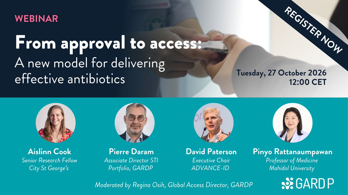 gardp_amr's tweet photo. Antibiotic access is often framed as a choice between overuse and underuse. But the real challenge is optimal use: getting the right treatment to the right people at the right time..

📅 Join GARDP on 27 October at 12:00 PM CET for a timely webinar exploring whether antibiotic use reflects resistance levels, disease burden and local realities, and what it takes to deliver effective treatments to high-burden populations.

We’ll also examine GARDP’s public-private partnership model in action, including the recent approval of zoliflodacin in Thailand, just six months after its US FDA approval.

🔗 Join the conversation and register: https://t.co/sIDn0b5hY4

#AntibioticAccess #AMR #GlobalHealth