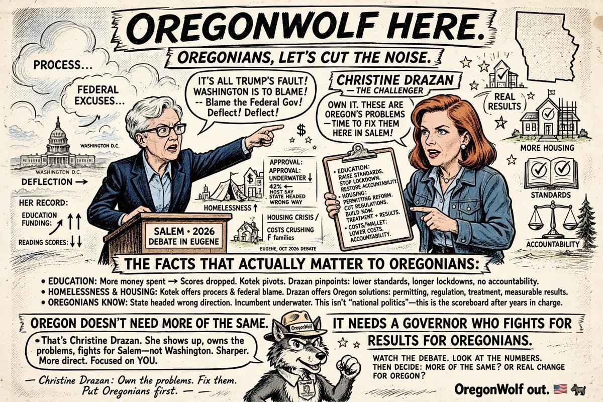WhitewolfOr7's tweet photo. OregonWolf here.
Oregonians, let’s cut the noise.
Tonight’s debate in Eugene wasn’t complicated. One candidate spent the night defending a record of results that haven’t shown up for regular people. The other spent it putting the failures on the table and refusing to let them get blamed on Washington.
Look at the facts that actually matter to Oregonians

•  Education funding went up. Reading scores didn’t. When pressed on why more money produced worse results, the sitting governor pivoted. Christine Drazan didn’t. She tied it straight to lowered standards, longer lockdowns, and a lack of accountability under the current leadership.

•  Homelessness and housing remain crises. Affordability is crushing families. The governor’s answer leaned on process and federal excuses. Drazan kept the focus on Oregon’s own choices permitting, regulation, treatment, and results instead of endless spending with the same outcomes.

•  Broad numbers show most Oregonians think the state is headed in the wrong direction. Approval for the incumbent sits underwater. That isn’t “national politics.” That’s the scoreboard after years in charge.

Tina Kotek’s strategy was clear, make this about Trump and the federal government as often as possible. That’s a deflection. Oregon’s schools, streets, costs, and housing are run from Salem. Pointing south every time the results disappoint is not leadership, it’s avoidance.
Christine Drazan showed up ready to own the problems as Oregon’s problems. She argued for change on costs, housing supply, education standards, and government accountability. On the issues that hit Oregonians in the wallet and the neighborhood every single day, she was sharper, more direct, and more focused on fixing what is broken here.
Oregon doesn’t need another term of the same results dressed up as progress. It needs someone who treats the failures as failures and puts results for Oregonians first.

That’s Christine Drazan.

Watch the debate yourself. Look at the numbers. Then decide whether you want more of the same or a governor who will actually fight for better outcomes in this state.
OregonWolf out. 🇺🇸 🐺