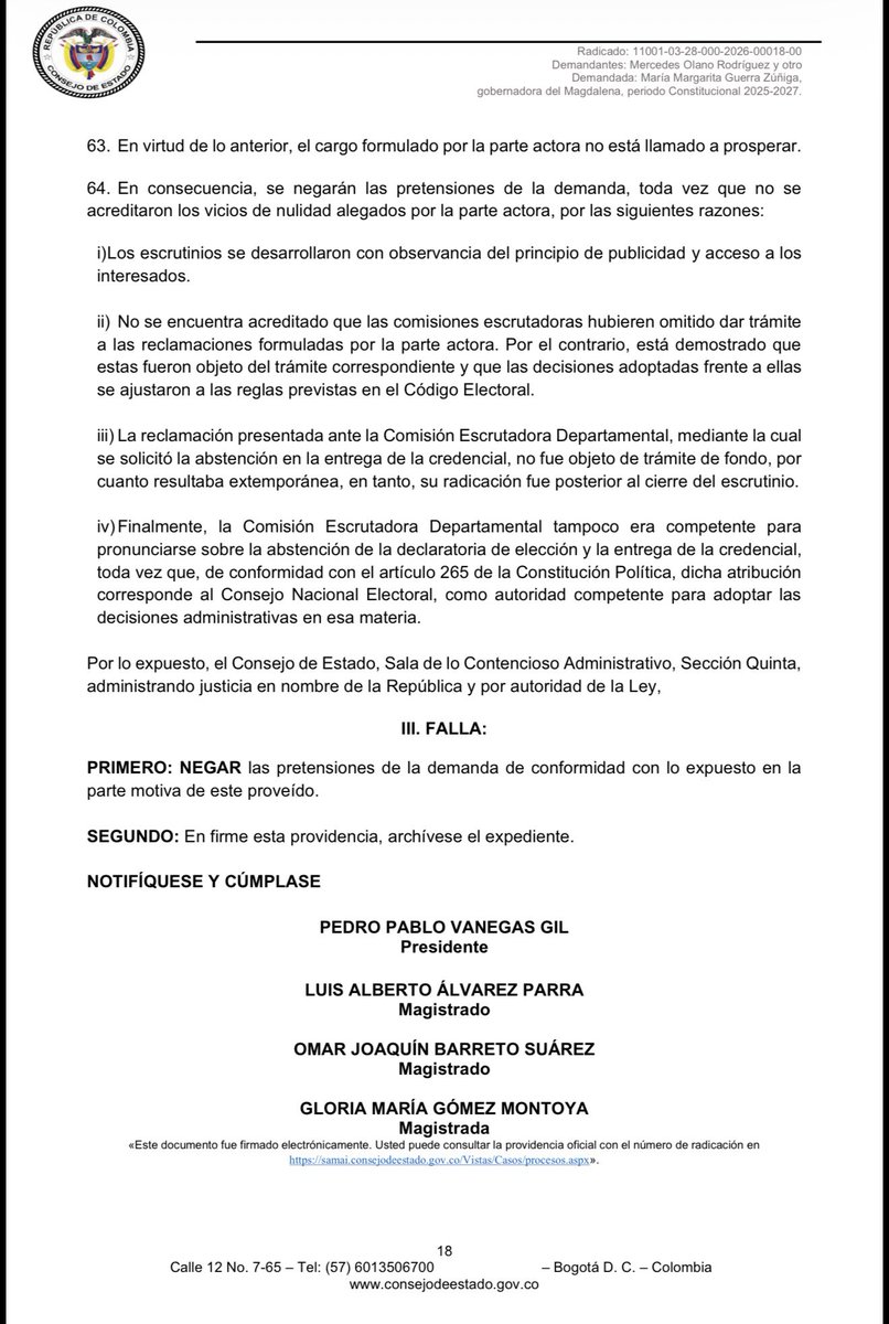 mmarguiguerra's tweet photo. Hoy el Consejo de Estado, a través de su Sección Quinta, ratificó y confirmó mi elección como gobernadora del Magdalena.

Continuaré ejerciendo el mandato que los magdalenenses me otorgaron en las urnas hasta diciembre de 2027.

¡Gracias a Dios y a todo el Magdalena por su confianza!