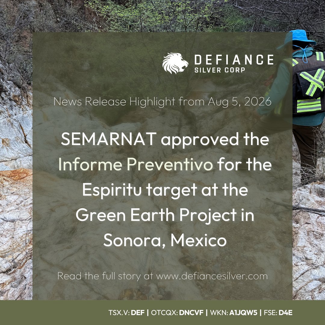 defiancesilverc's tweet photo. Defiance Silver Corp. is pleased to announce that Mexico's Secretariat of Environment and Natural Resources ("SEMARNAT") has approved the Company's Informe Preventivo for the Espiritu target at its Green Earth Project in Sonora, Mexico.

Read more: https://t.co/NU7MfR1COi

$DEF.V $DEF $DNCVF #juniormining #mineralexploration #copper #copperstocks #gold #investing #drilling #geology #explorationupdate