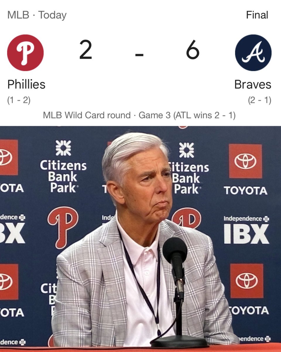 BarstoolPhilly's tweet photo. Phillies eliminated by Braves in NL Wild Card

What’s your thoughts? https://t.co/8x6YU29rIP
