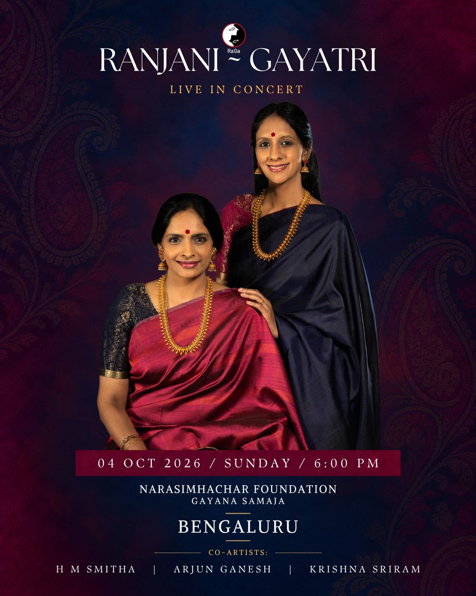 ranjanigayatri's tweet photo. Two concerts over this weekend. We sing today, Fri Oct 2 in Mumbai at Bharatiya Vidya Bhavan for Dinarang Centenary Inauguration Festival, and we're joined by L Ramakrishnan, Sridhar Parthasarathi and S Krishna.

On Sunday Oct 4th,we are back in namma Bengaluru at the Gayana Samaja for Narasimhachar Foundation with HM Smitha, Arjun Ganesh and S Krishna. 
All are welcome!
#ranjanigayatri #concert #mumbai #bangalore #bengaluru