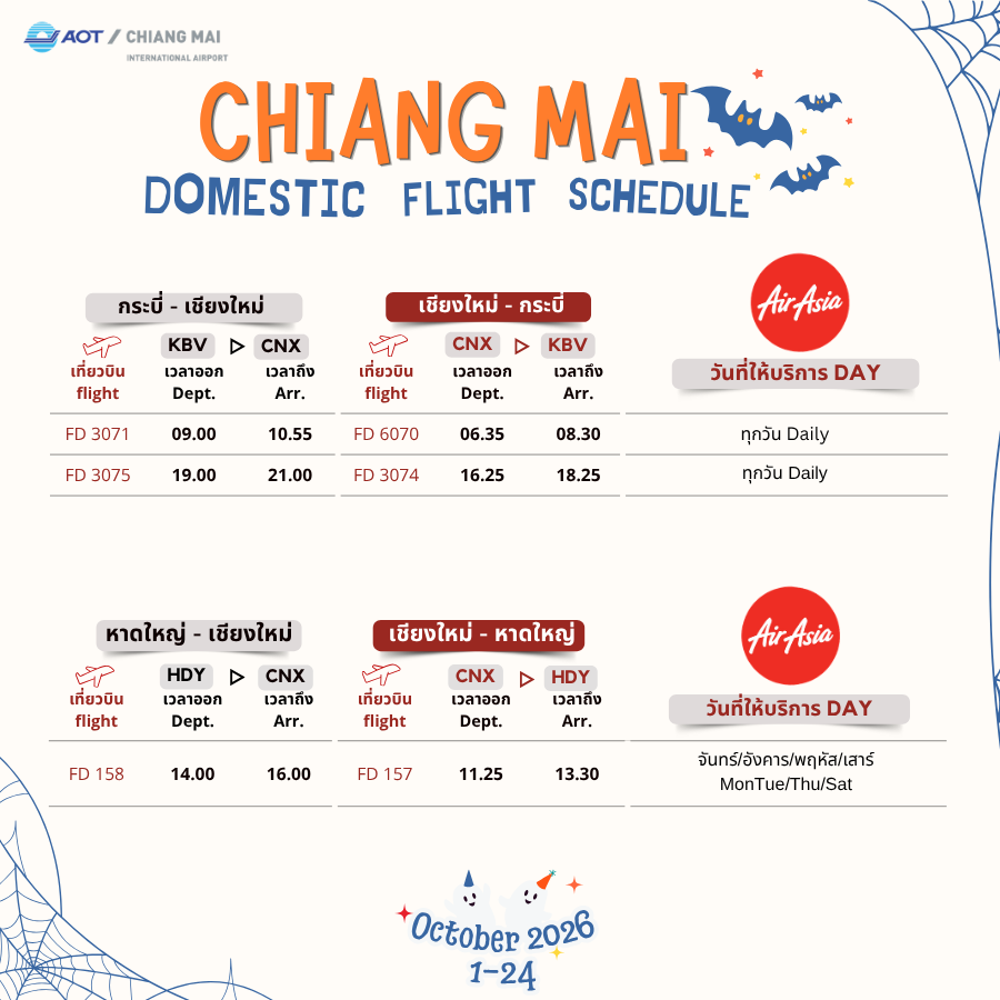 CNX_Airport's tweet photo. ตารางบินภายในประเทศ | Domestic Flight Schedule (4)
#ThaiAirasia #ThaiLionAir
🏖️อู่ตะเภา|CNX-UTP-CNX
🏝️สุราษฏร์ธานี|CNX-URT-CNX
🏝️หาดใหญ่|CNX-HDY-CNX
🏝️กระบี่|CNX-KBV-CNX
🎑ขอนแก่น|CNX-KKC-CNX
#flyCNX #CNXairport https://t.co/tG0vyIKR59