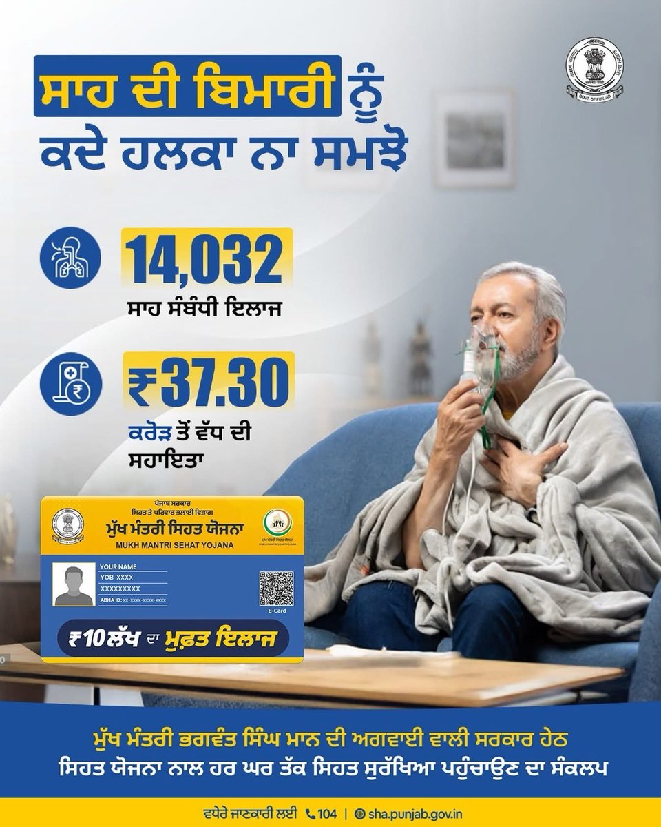 MMSYPunjab's tweet photo. ਸਾਹ ਦੀ ਬਿਮਾਰੀ ਨੂੰ ਕਦੇ ਵੀ ਹਲਕਾ ਨਾ ਸਮਝੋ। ਮੁੱਖ ਮੰਤਰੀ ਸਿਹਤ ਯੋਜਨਾ ਤਹਿਤ ਸਿਹਤ ਕਾਰਡ ਨੇ ਹਜ਼ਾਰਾਂ ਮਰੀਜ਼ਾਂ ਨੂੰ ਇਲਾਜ ਦਾ ਸਹਾਰਾ ਅਤੇ ਪਰਿਵਾਰਾਂ ਨੂੰ ਵੱਡੀ ਆਰਥਿਕ ਰਾਹਤ ਦਿੱਤੀ ਹੈ।

#mukhmantrisehatyojana #MMSYPunjab #healthypunjab 
#aapkasehatcard https://t.co/EULpZ7O175