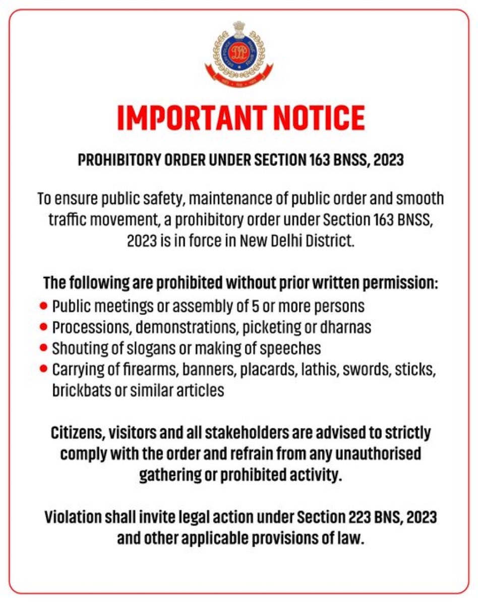 CAAnurag_'s tweet photo. 🇮🇳 AN APPEAL TO ALL CITIZENS

In view of the ongoing protest against Chief Election Commissioner Gyanesh Kumar in Delhi, I urge everyone to remain calm and avoid participating in any unauthorised gathering.

As per the notice issued, restrictions under Section 163 of BNSS are in force in New Delhi District. Any violation may lead to legal consequences.

Please do not act under anyone’s influence or get carried away by emotions. Raise your concerns through lawful and constitutional means.

Stay peaceful. Respect the law. Stand for national unity and public order. Jai Hind! 🇮🇳