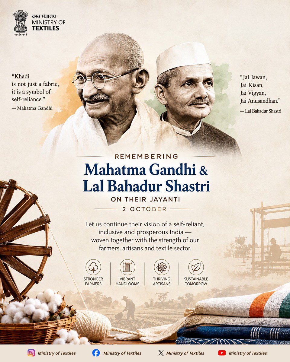 TexMinIndia's tweet photo. On the birth anniversaries of Mahatma Gandhi and Lal Bahadur Shastri, we remember two enduring visions of a strong, self-reliant and prosperous India. 🇮🇳

From Khadi and Swadeshi to the strength of our farmers, weavers, artisans and textile sector, their ideals continue to inspire a nation that grows with dignity, inclusion and sustainability.

Let us carry their vision forward  support our farmers, empower our artisans, celebrate our handlooms and choose Swadeshi.

Stronger Farmers. Vibrant Handlooms. Thriving Artisans. Sustainable Tomorrow.

#GandhiJayanti #LalBahadurShastriJayanti #Swadeshi #Khadi #Handloom #IndianTextiles #VocalForLocal #AtmanirbharBharat #MinistryOfTextiles #TextilesOfIndia #JaiJawanJaiKisan
