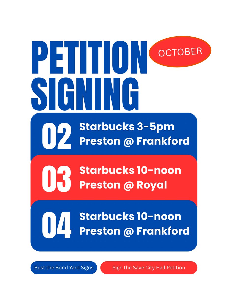 caraathome's tweet photo. Come see me tomorrow, Saturday or Sunday to sign the Save City Hall petition and pick up a Bust the Bond yard sign! 

Fri, 3-5pm, Starbucks Preston @ Frankford
Sat, 10-noon, Starbucks Preston @ Royal
Sun, 10-noon, Starbucks Preston @ Frankford https://t.co/UzUPUcQPuV