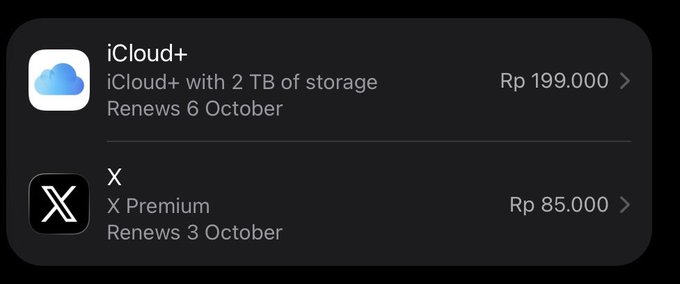 A mobile subscription screen showing 'iCloud+ with 2 TB of storage' for 'Rp 199.000' (renews 6 October) and 'X Premium' for 'Rp 85.000' (renews 3 October).