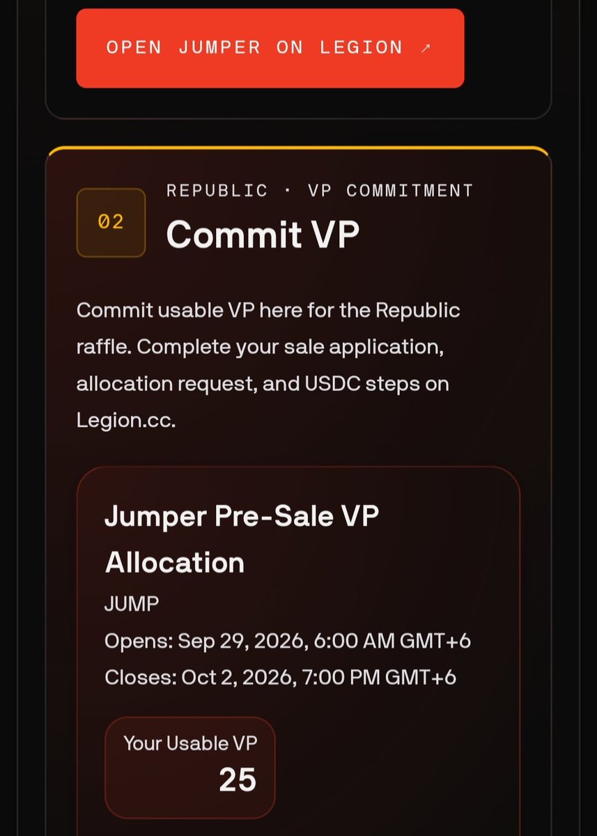 jahu004's tweet photo. If you’ve been stacking @legiondotcc Republic VP for the @jumperapp sale, now’s the time to use it

For the @jumperapp sale, you need to complete both Legion + The Republic steps.

Here’s the flow I’m following 👇

→ Legion: complete KYC + sale eligibility
→ Submit your Jumper sale application with your requested allocation
→ Commit USDC during the sale window

→ The Republic: complete all 3 Jumper quests
→ Open the VP Raffle
→ Complete the required Legion steps
→ Commit your usable VP before the cutoff

Don't miss it out