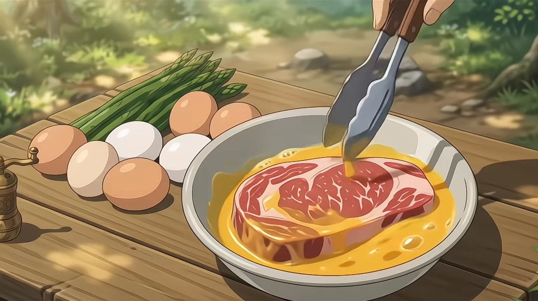 An anime-style illustration shows a hand using metal tongs to place a raw steak into a bowl of beaten eggs, with whole eggs and asparagus on a wooden table outdoors.