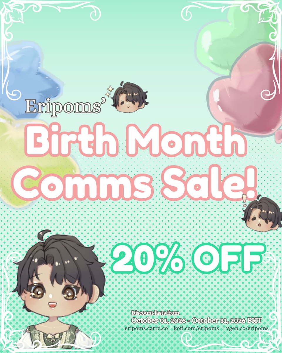 eripoms's tweet photo. ✨️🎉ERIPOMS' BIRTH MONTH COMMISSION SALE!🎉✨️

My birthday is coming up! To celebrate, all of my commission prices will be 20% OFF for the entire month of October OwO 

You can directly message me or order through 
Ko-fi: https://t.co/TAGwrn1sYp
Vgen: https://t.co/88hdJeOrPQ https://t.co/PWCTN8xYXD