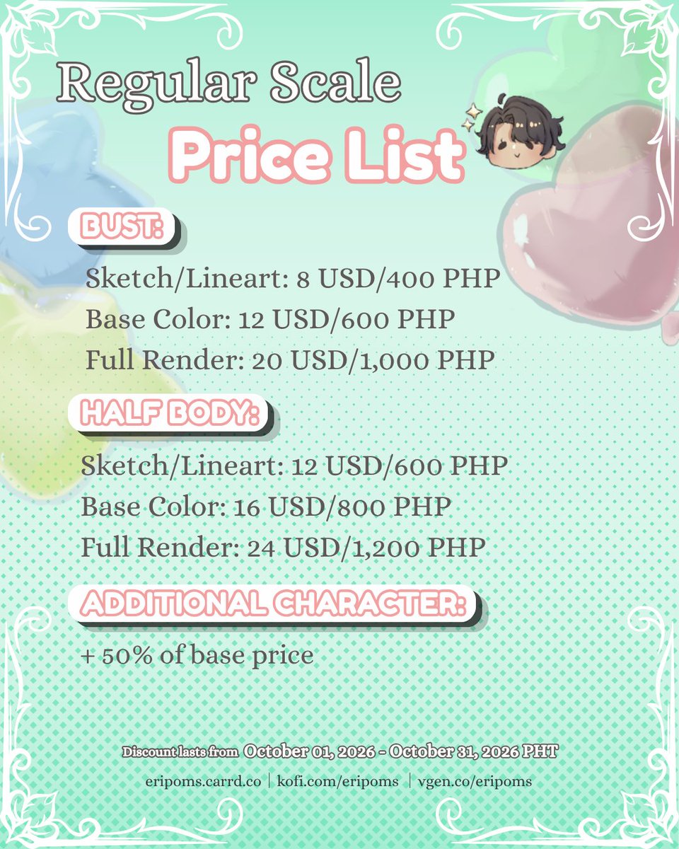 eripoms's tweet photo. ✨️🎉ERIPOMS' BIRTH MONTH COMMISSION SALE!🎉✨️

My birthday is coming up! To celebrate, all of my commission prices will be 20% OFF for the entire month of October OwO 

You can directly message me or order through 
Ko-fi: https://t.co/TAGwrn1sYp
Vgen: https://t.co/88hdJeOrPQ https://t.co/PWCTN8xYXD