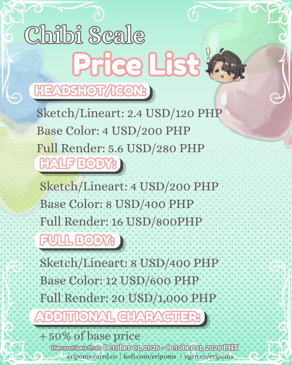 eripoms's tweet photo. ✨️🎉ERIPOMS' BIRTH MONTH COMMISSION SALE!🎉✨️

My birthday is coming up! To celebrate, all of my commission prices will be 20% OFF for the entire month of October OwO 

You can directly message me or order through 
Ko-fi: https://t.co/TAGwrn1sYp
Vgen: https://t.co/88hdJeOrPQ https://t.co/PWCTN8xYXD