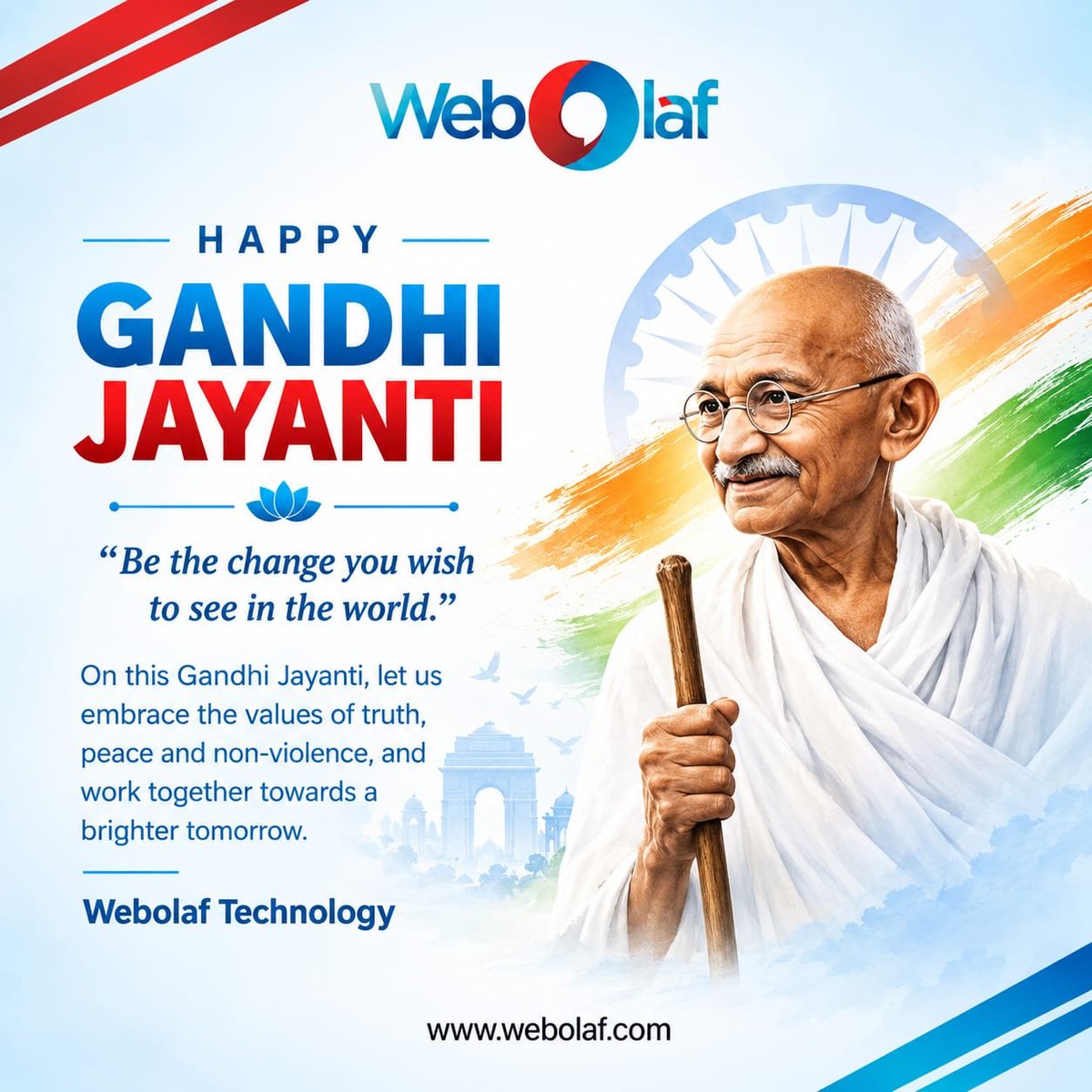 web_olaf's tweet photo. 🇮🇳 𝑯𝒂𝒑𝒑𝒚 𝑮𝒂𝒏𝒅𝒉𝒊 ��𝒂𝒚𝒂𝒏𝒕𝒊

𝑾𝒆𝒃𝒐𝒍𝒂𝒇 𝑻𝒆𝒄𝒉𝒏𝒐𝒍𝒐𝒈𝒚 wishes you a peaceful Gandhi Jayanti. Let’s honour the values of truth, peace and unity.

#GandhiJayanti #Webolaf #Peace #Unity #2ndOctober https://t.co/3SZaJZPWTj