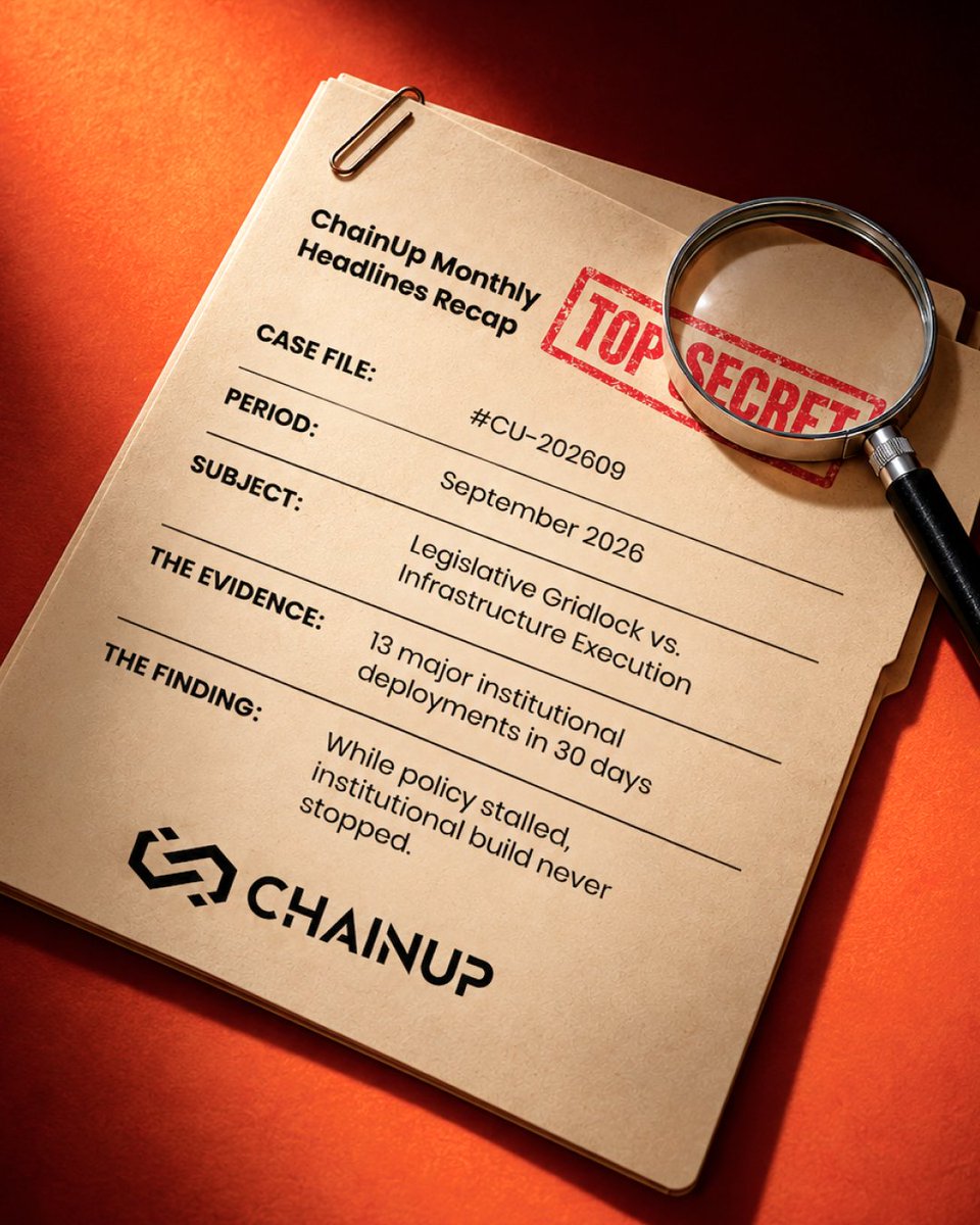 ChainUpOfficial's tweet photo. (1/2) While Washington stalls on the CLARITY Act and Bitcoin breaking $86K dominates the news cycle, the real story is happening deep inside production code.

We tracked institutional deployment logs for the past 30 days to answer one question: 𝗪𝗵𝗼 𝗶𝘀 𝗮𝗰𝘁𝘂𝗮𝗹𝗹𝘆 𝘀𝗵𝗶𝗽𝗽𝗶𝗻𝗴?

The evidence confirms that 𝗶𝗻𝗳𝗿𝗮𝘀𝘁𝗿𝘂𝗰𝘁𝘂𝗿𝗲 𝗯𝘂𝗶𝗹𝗱 𝗻𝗲𝘃𝗲𝗿 𝘀𝘁𝗼𝗽𝗽𝗲𝗱. In just one month, Tier-1 banks, global card networks, and traditional exchanges executed 𝟭𝟯 𝗺𝗮𝗷𝗼𝗿 𝗹𝗶𝘃𝗲 𝗱𝗲𝗽𝗹𝗼𝘆𝗺𝗲𝗻𝘁𝘀 across all four layers of the stack.

Price broke out. Infrastructure scaled bigger. Every layer moved.

👉 𝗦𝘄𝗶𝗽𝗲 𝘁𝗵𝗿𝗼𝘂𝗴𝗵 𝘁𝗵𝗲 𝗳𝘂𝗹𝗹 𝗦𝗲𝗽𝘁𝗲𝗺𝗯𝗲𝗿 𝗖𝗮𝘀𝗲 𝗙𝗶𝗹𝗲 𝗯𝗿𝗲𝗮𝗸𝗱𝗼𝘄𝗻 𝗯𝗲𝗹𝗼𝘄.

Explore deeper insights at https://t.co/l7wtZ6mGxq ➡️

#ChainUp #InstitutionalCrypto #DigitalAssets #Tokenization #Fintech