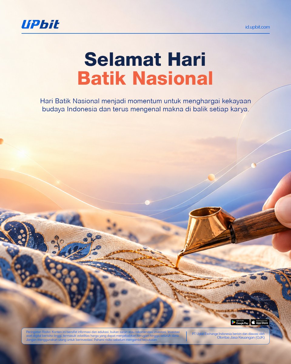 UpbitID's tweet photo. Selamat Hari Batik Nasional. 🇮🇩

Batik bukan hanya tentang motif dan pola. Di balik setiap karya, terdapat teknik, cerita, nilai, dan identitas budaya yang berkembang dari berbagai daerah di Indonesia.

Setiap motif memiliki karakter dan makna yang berbeda, mencerminkan bagaimana budaya terus berkembang melalui proses, kreativitas, dan generasi yang menjaganya.

Melestarikan batik bukan hanya tentang mengenakan atau mempertahankan bentuknya, tetapi juga tentang mengenal, memahami, dan menghargai cerita yang ada di balik setiap karya.

Hari Batik Nasional menjadi momentum untuk kembali mengenal kekayaan budaya Indonesia dan mengapresiasi proses yang membuatnya tetap relevan hingga saat ini.

Mari terus kenali, apresiasi, dan jaga warisan budaya Indonesia. 🇮🇩

👉 KENALI & APRESIASI dan temukan lebih banyak cerita di balik batik Indonesia.
📌 Save dan repost sebagai pengingat untuk terus mengenal dan menghargai budaya Indonesia.

#UpbitID #HariBatikNasional #BatikIndonesia #BudayaIndonesia #WarisanBudaya #IndonesiaHeritage #EdukasiBudaya #BanggaIndonesia