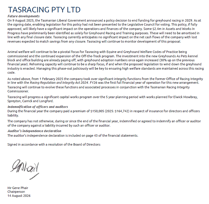 DeanWinterMP's tweet photo. TasRacing has reported to ASIC that it expects lost
revenues from ending greyhond racing to match savings.

Therefore, the claim by the Greens and others that ending greyhound racing will save taxpayer dollars is utterly false.

#politas https://t.co/IqFbjefn9n