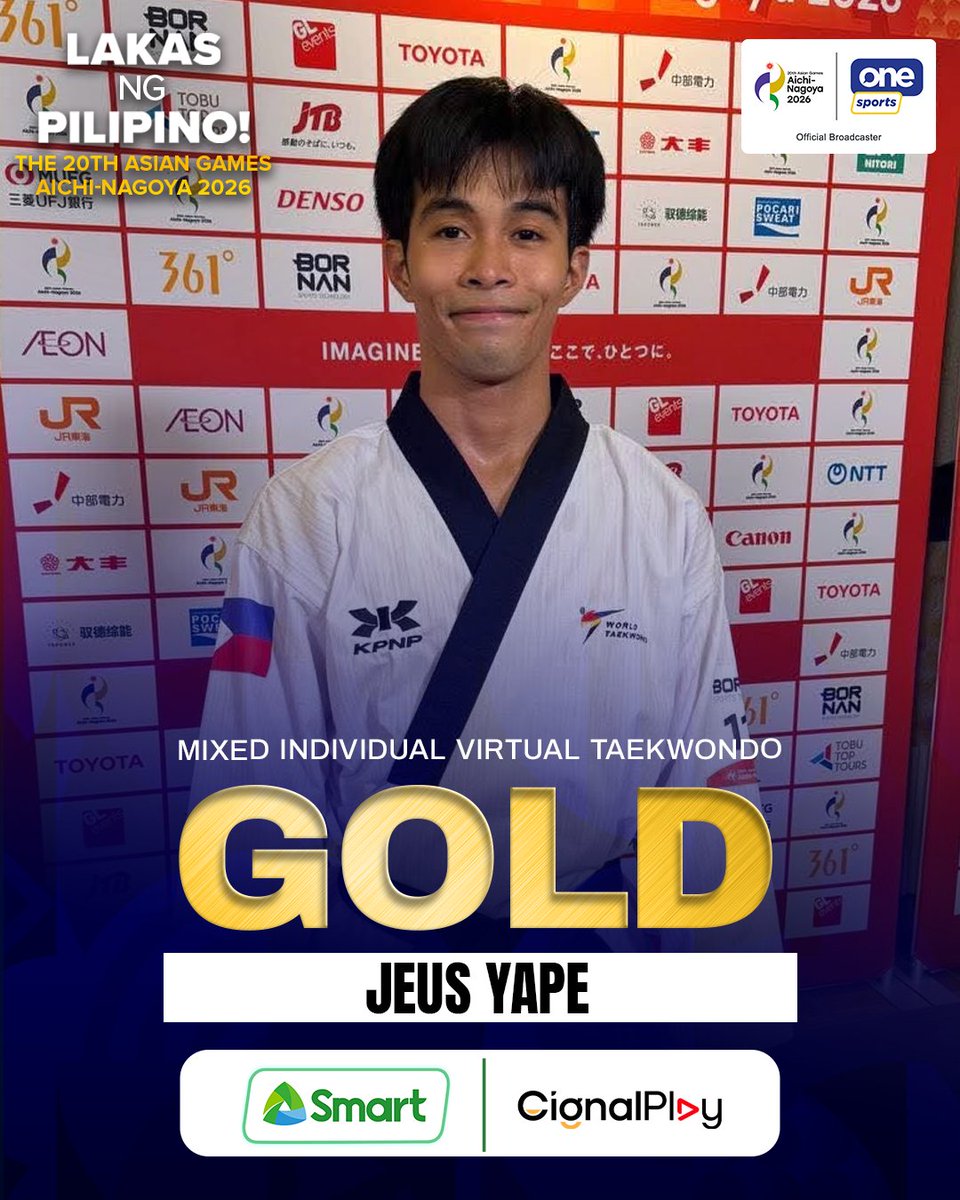 OneSportsPHL's tweet photo. KICKING FOR GLORY 🥇🇵🇭

Jeus Yape delivers another gold medal for Team Philippines after defeating Vietnam’s Ngoc Tuyet Sang Chau in the mixed individual virtual taekwondo event at the 2026 Asian Games!

Cignal is the official broadcaster of the 20th Asian Games Aichi-Nagoya 2026.

📺 Catch all the Asian Games action on Cignal Play, the One Sports YouTube channel, and other Cignal platforms from September 10 to October 4. 🇵🇭🔥

#AsianGames2026 #AichiNagoya2026 #20thAsianGames #LakasNgPilipino