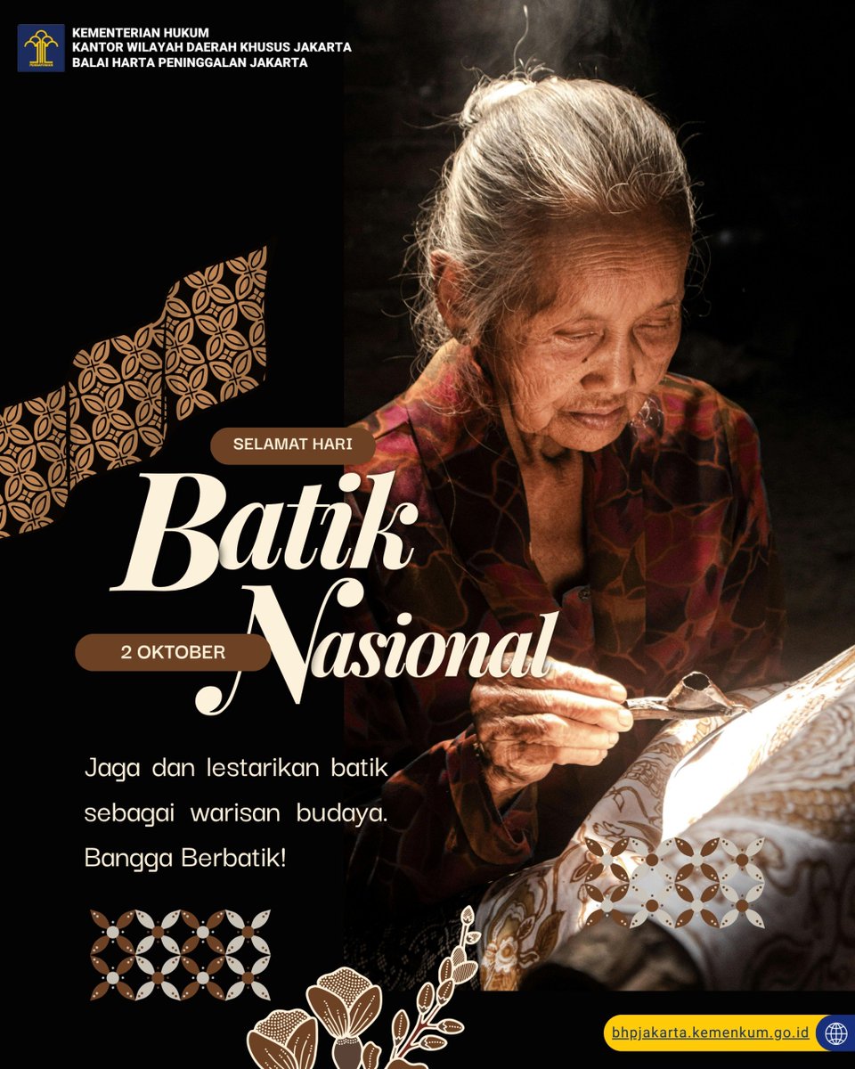 JakartaBhp's tweet photo. Selamat Hari Batik Nasional!
Melindungi, merawat, dan melestarikan warisan leluhur adalah wujud nyata kecintaan kita terhadap identitas bangsa.

Yuk, terus jaga dan lestarikan batik sebagai warisan budaya kebanggaan kita bersama!
Bangga Berbatik!

#KementerianHukum
#LayananHukumMakinMudah
#KemenkumDKJakarta