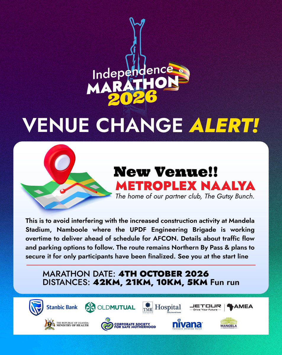 rkabushenga's tweet photo. VENUE CHANGE ALERT

To avoid interfering with accelerated construction at @mandelastadium we have decided to move the venue for the @imarathonug to Metroplex, Naalya the home of @gutsybunch our partner club. The date remains this Sunday October 4th & the route is still the Northern By Pass. We finalized arrangements with @PolicUg to make sure you are all safe & one side of the road is closed to motor traffic. Let’s get together with @stanbicug @OldMutualUganda @TMR_IntHospital @MinofHealthUG to #SaveAMother #DonateBlood & support Mengo Hospital Blood Bank
